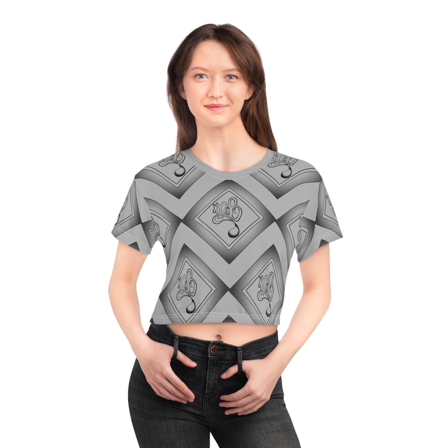 Stylish AOP Crop Tee with Modern Geometric Design