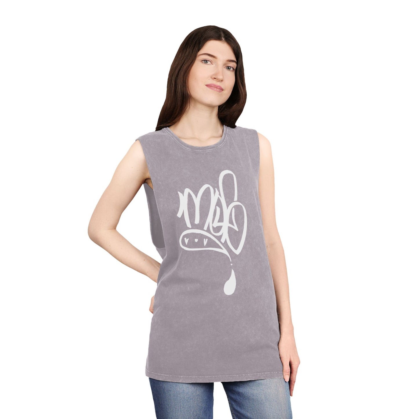 white mofo logo -Stonewash Muscle Tee with White Tag Script