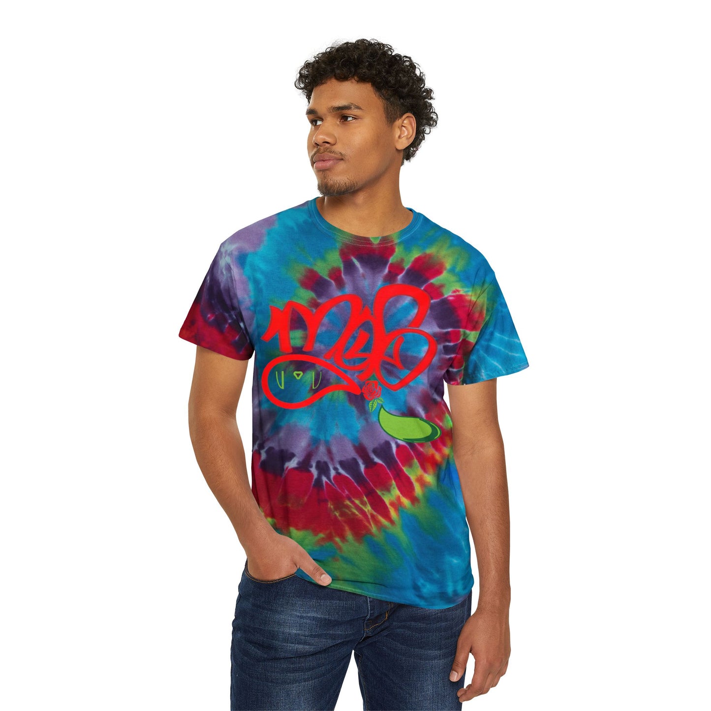 Spiral Tie-Dye Tee with mofo rose logo diamond combo