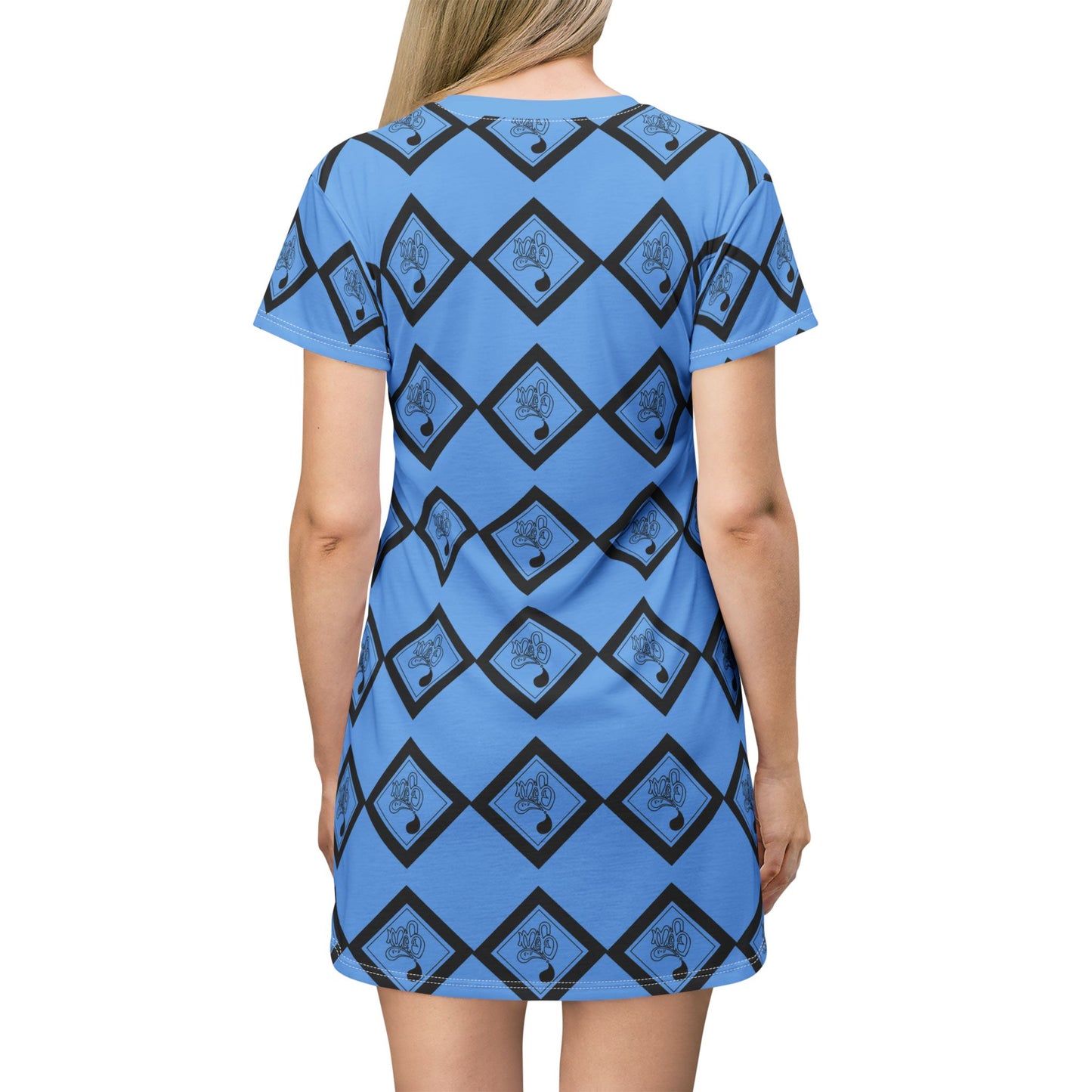 Trendy Blue Patterned T-Shirt Dress, Casual Summer Wear, Fashionable Outfit, Everyday Dress, Graphic Tee Dress, Gift for Her