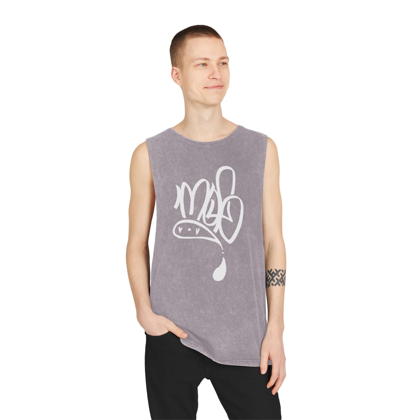 white mofo logo -Stonewash Muscle Tee with White Tag Script