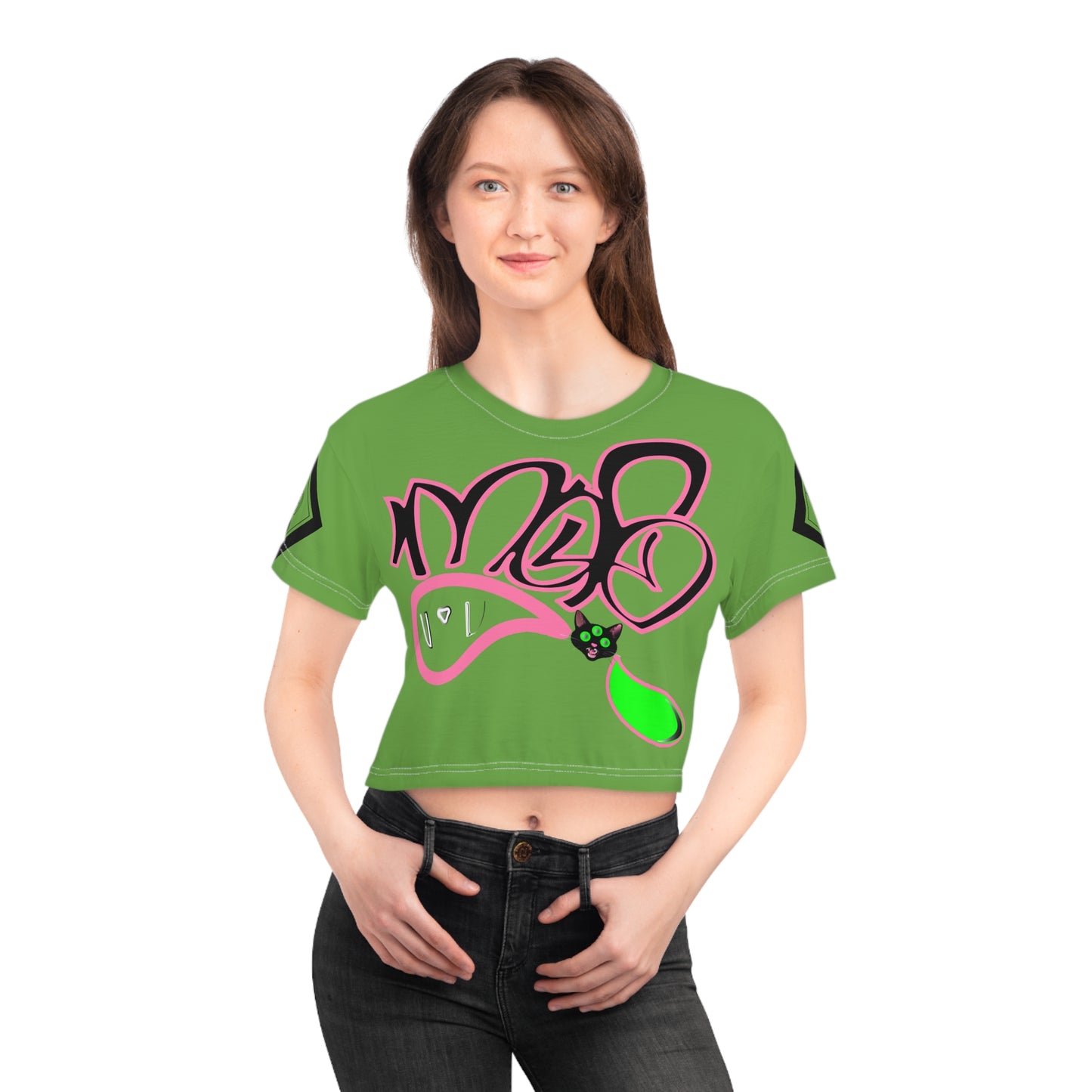 3eyed black cat mofo logo diamond combo crop tee green