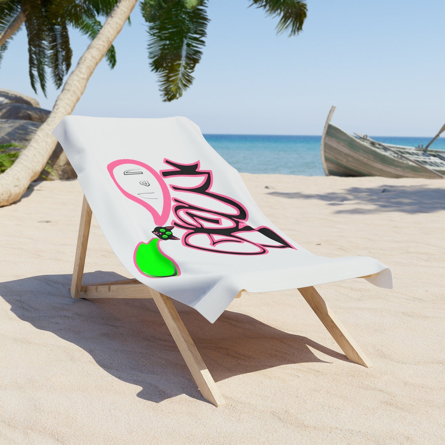 Beach Towel white - 3 eyed black cat logo