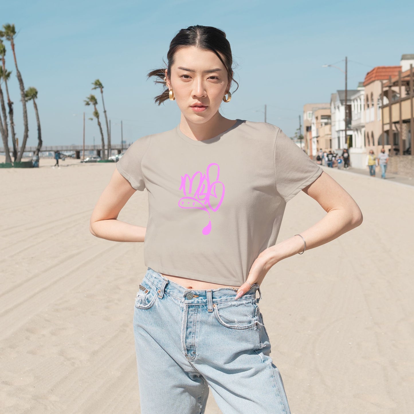 Stylish Women's Flowy Cropped Tee with Pink Design, Casual Wear, Summer Top, Gift for Her, Beach Style, Everyday Comfort
