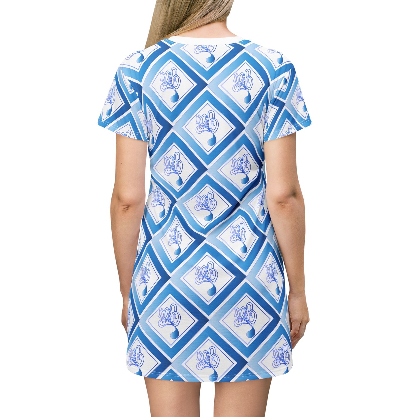 Blue Geometric T-Shirt Dress, Casual Wear, Summer Dress, Beach Outfit, Gift for Her, Everyday Fashion