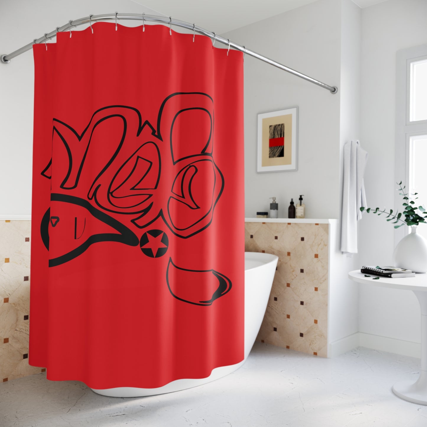Bold Graffiti Shower Curtain, Modern Bathroom Decor, Unique Red & Black Design, Urban Style, Gift for Art Lovers