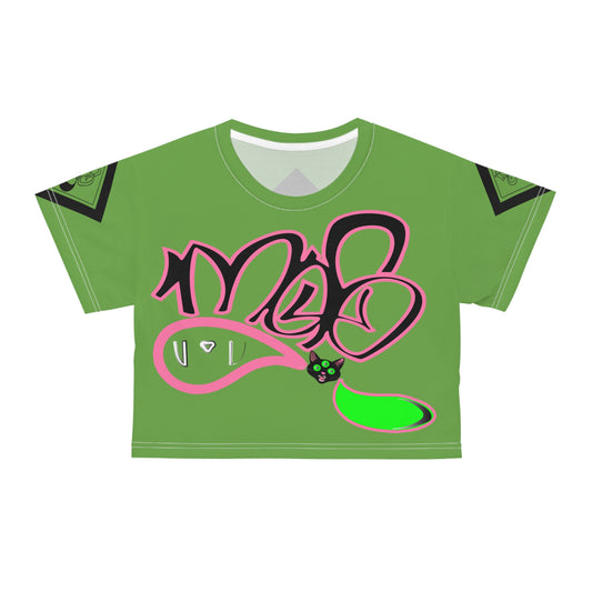 3eyed black cat mofo logo diamond combo crop tee green