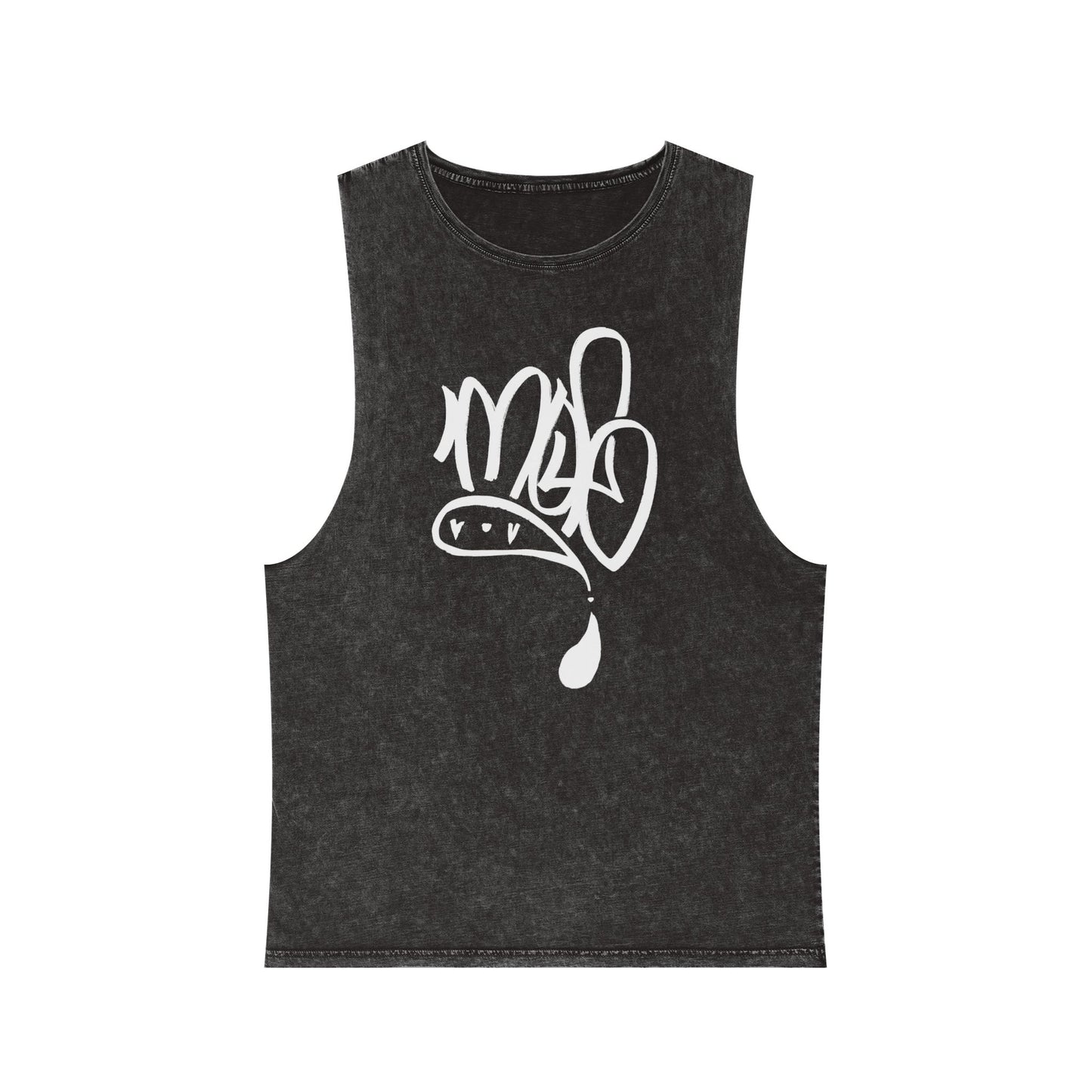white mofo logo -Stonewash Muscle Tee with White Tag Script