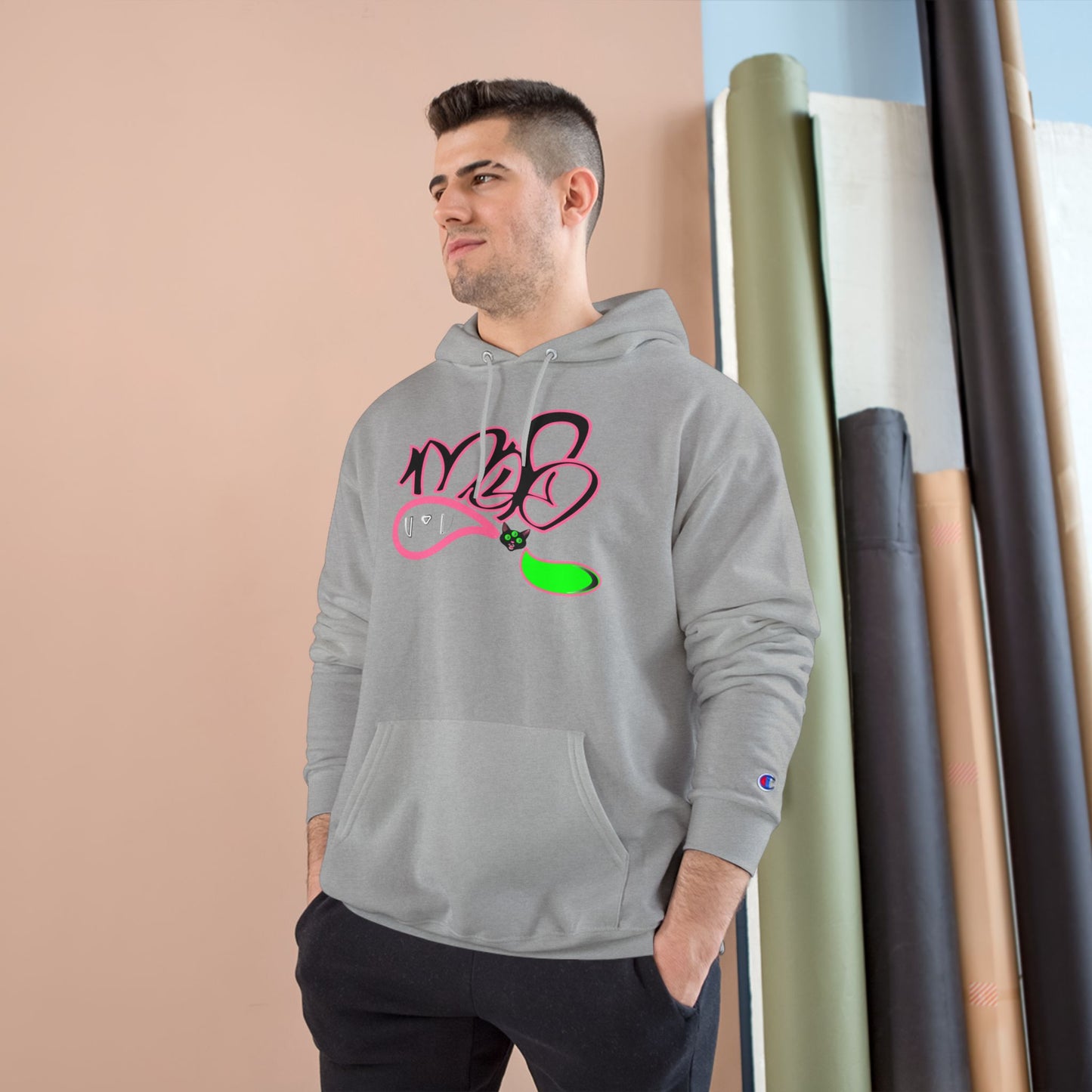 Champion Hoodie with 3 eyed black cat mofo logo
