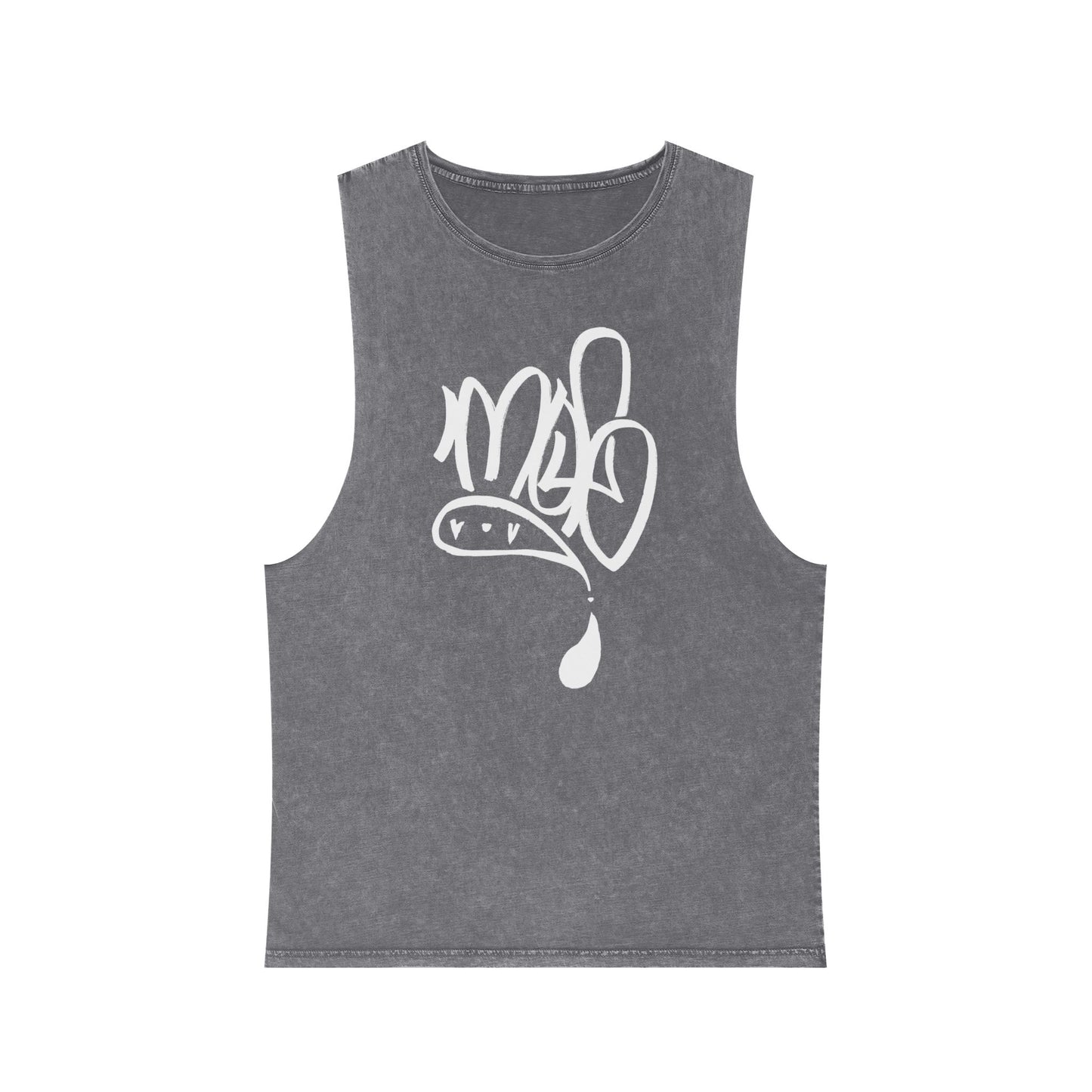 white mofo logo -Stonewash Muscle Tee with White Tag Script