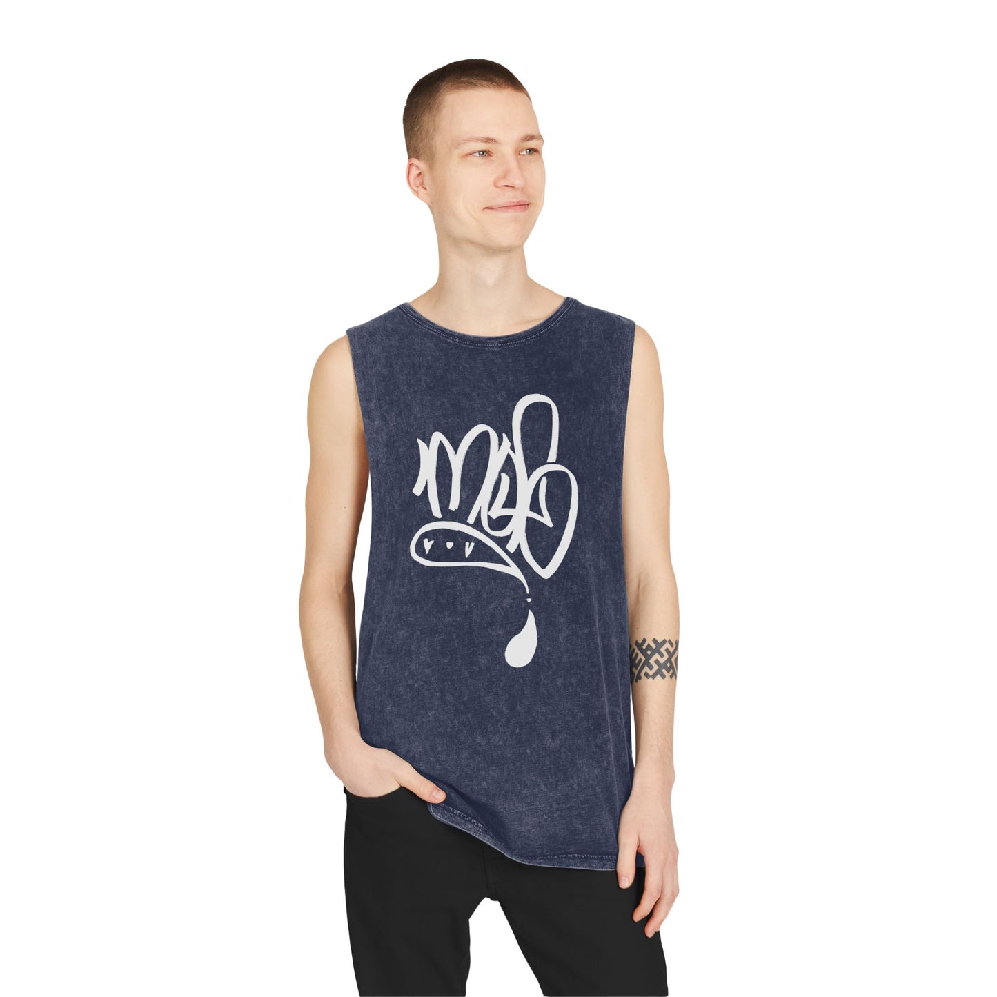 white mofo logo -Stonewash Muscle Tee with White Tag Script