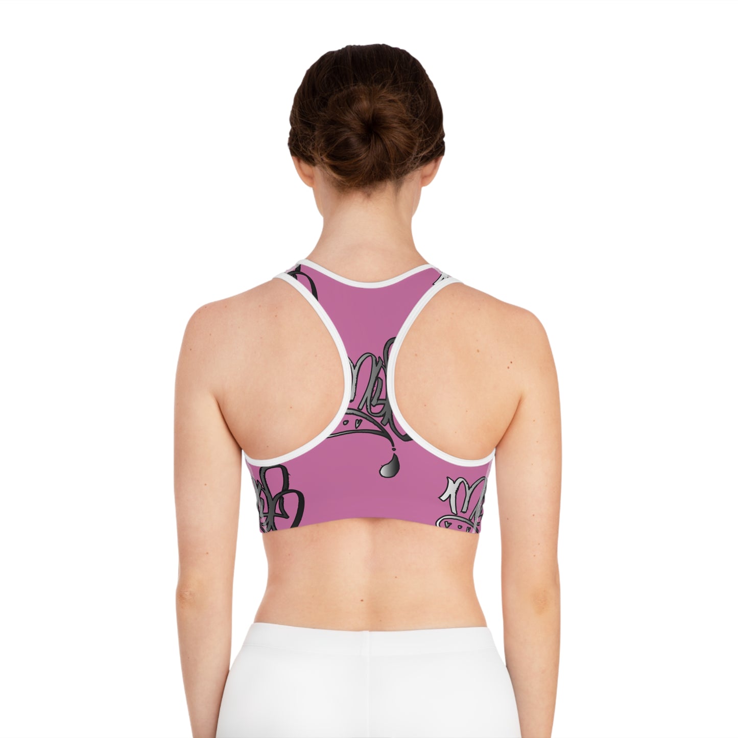 Playful Crown Sports Bra - Pink Graphic Activewear for Fitness Lovers