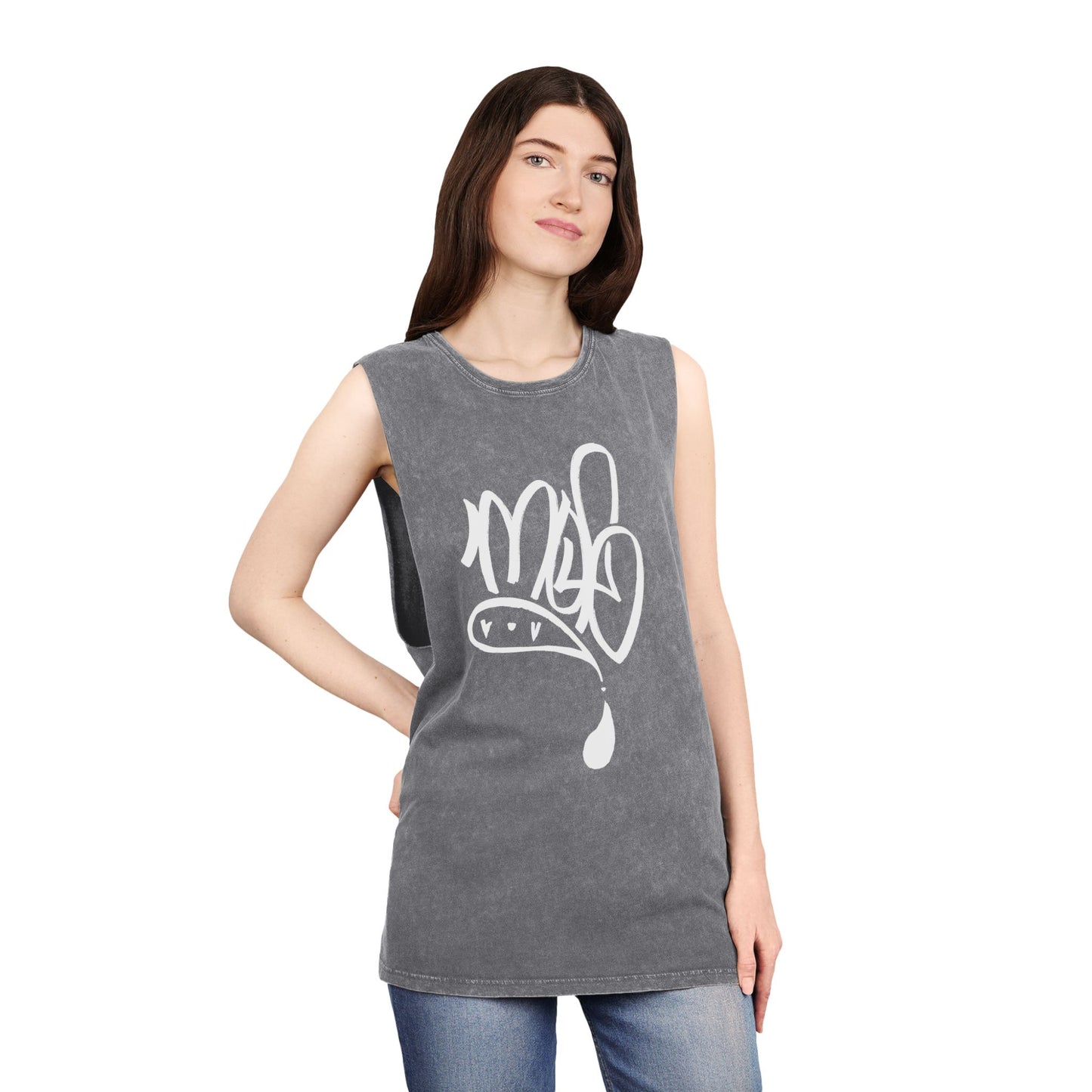 white mofo logo -Stonewash Muscle Tee with White Tag Script