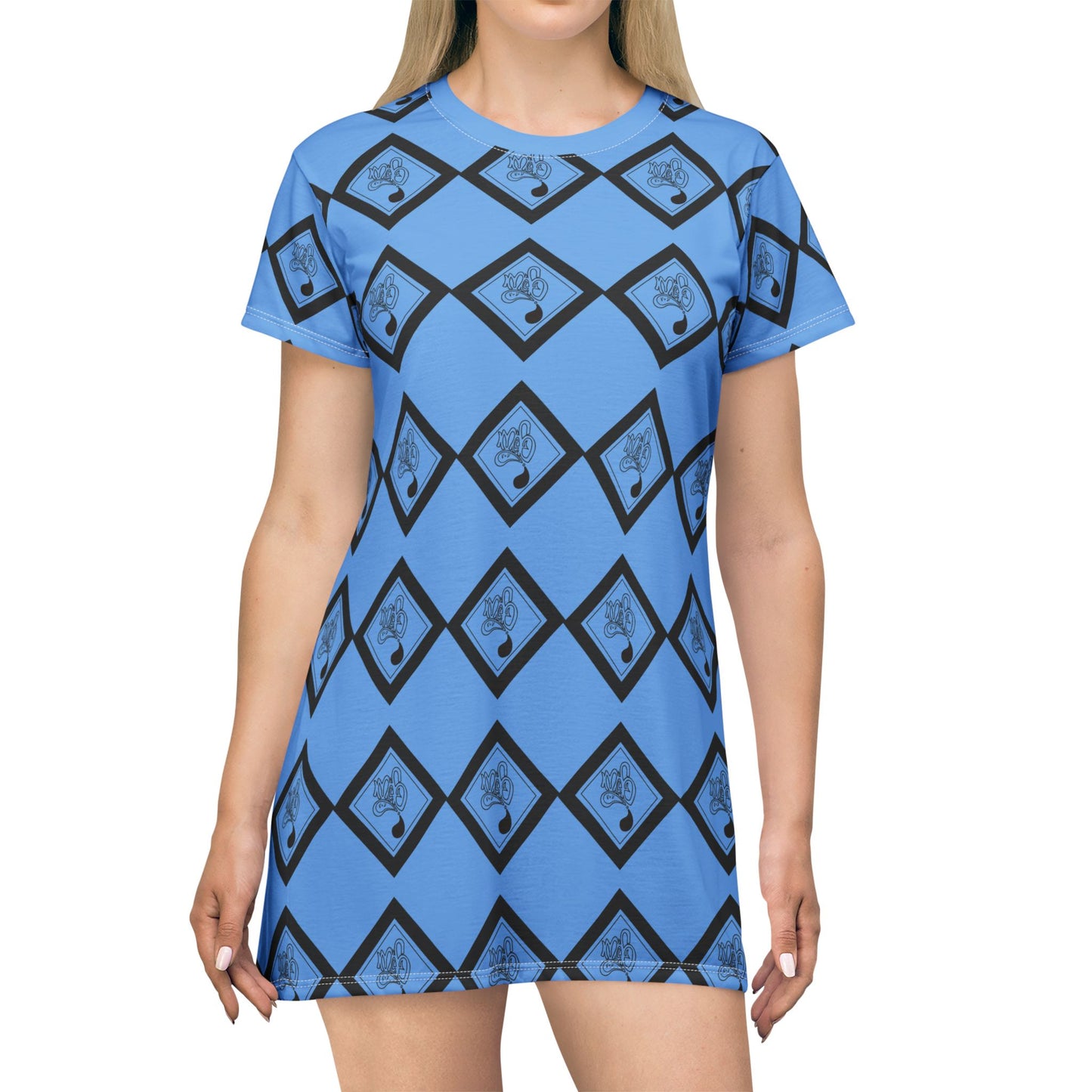 Trendy Blue Patterned T-Shirt Dress, Casual Summer Wear, Fashionable Outfit, Everyday Dress, Graphic Tee Dress, Gift for Her