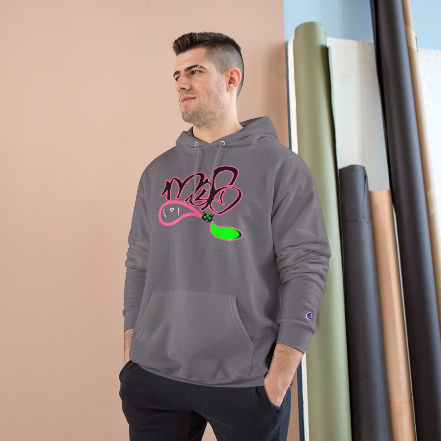 Champion Hoodie with 3 eyed black cat mofo logo
