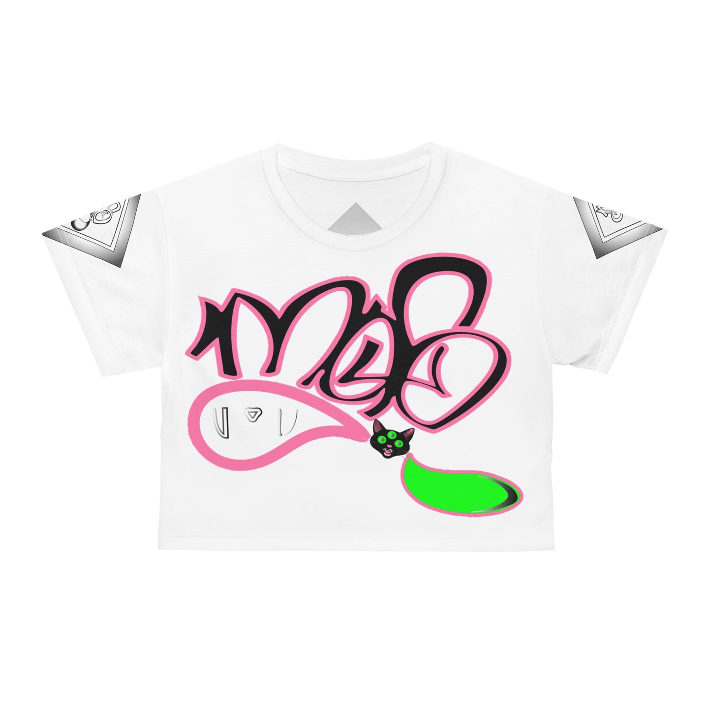 3eyed black cat mofo logo diamond combo crop tee white