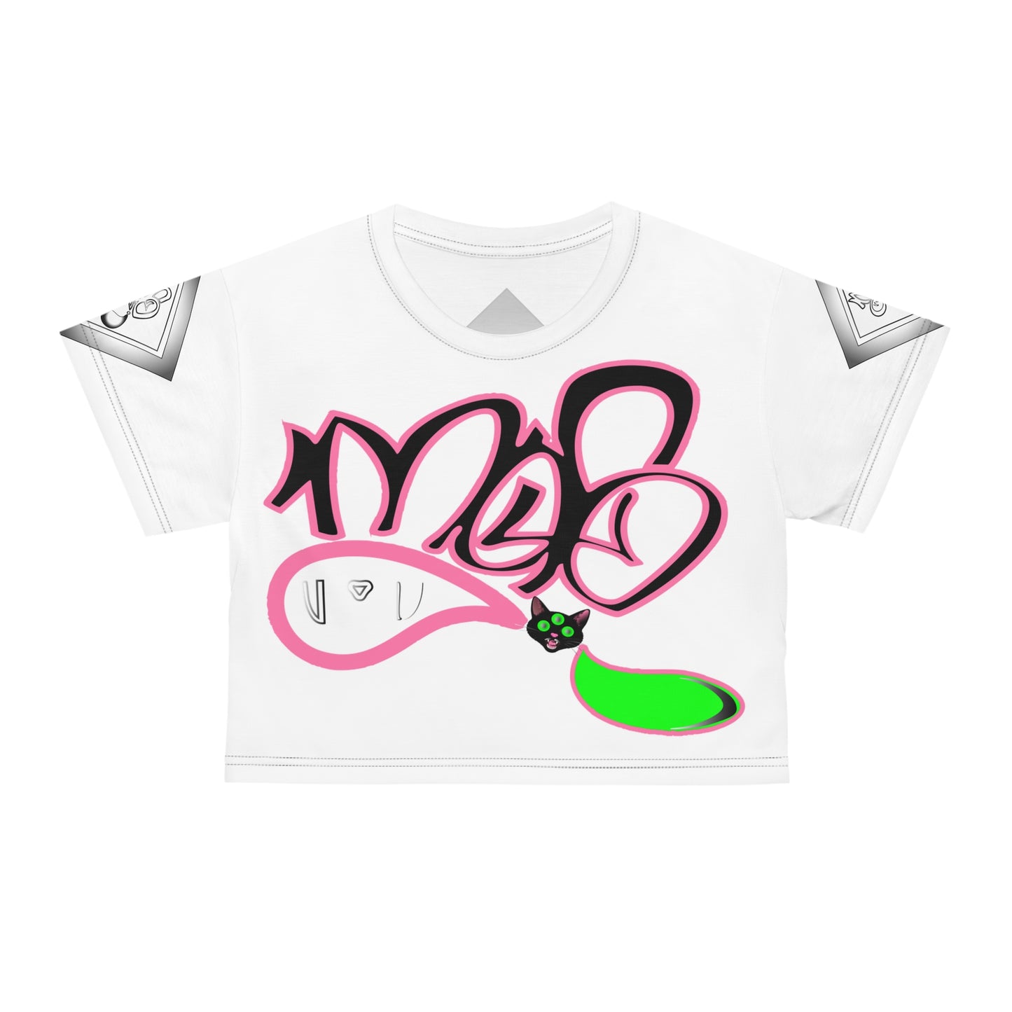 3eyed black cat mofo logo diamond combo crop tee white
